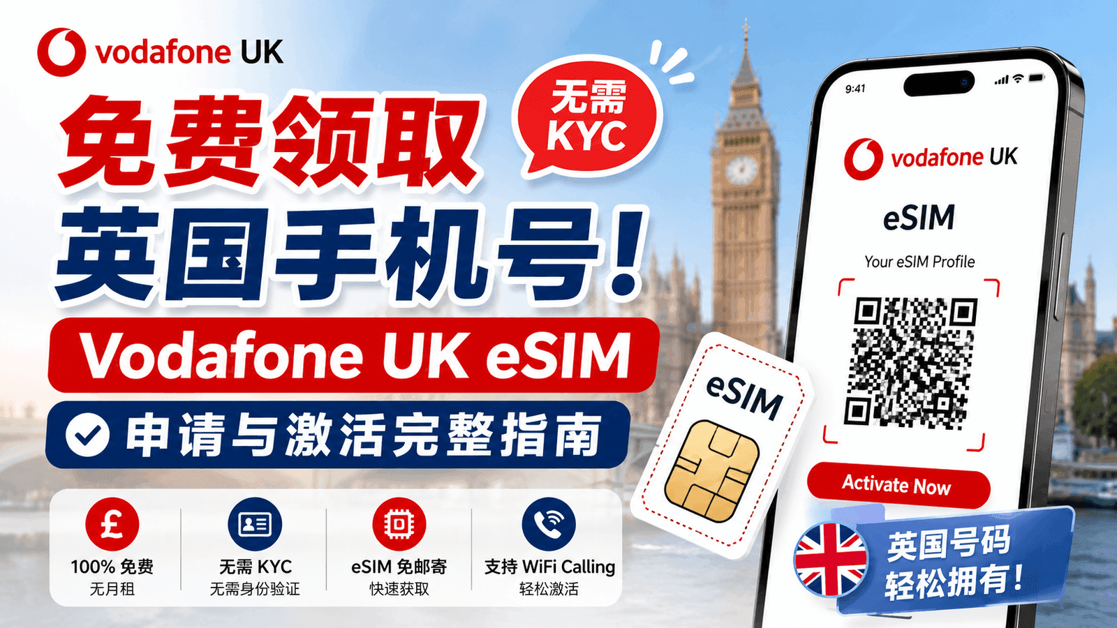 免费领取英国手机号！【无需 KYC】Vodafone UK eSIM 申请与激活完整指南