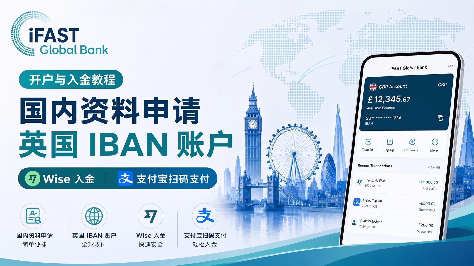 iFAST 开户与入金教程：国内资料申请英国 IBAN 账户，Wise 入金与支付宝扫码支付